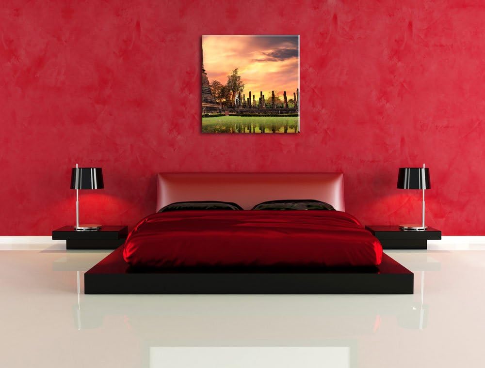 Pixxprint Buddha Tempel im Sonnenuntergang, Format: 70x70 auf Leinwand, 70x70