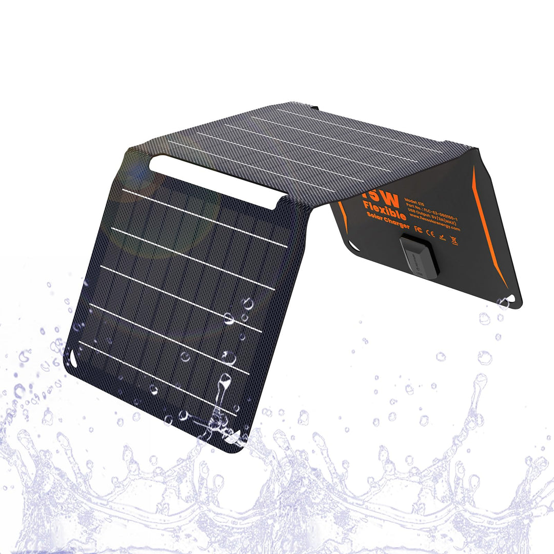 FlexSolar 15 W tragbares Solarpanel-Ladegerät (5.5 V/2.9 A max), wasserdicht, faltbar, IP67, mit USB