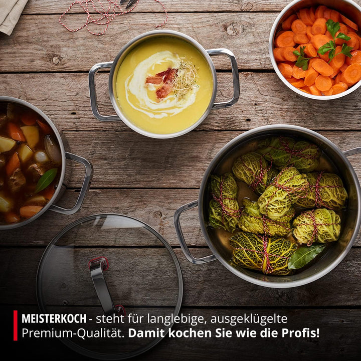 MEISTERKOCH Premium-Topfset aus rostfreiem Edelstahl | Profi-Kochgeschirr 4-teilig inklusive 3 Glasd