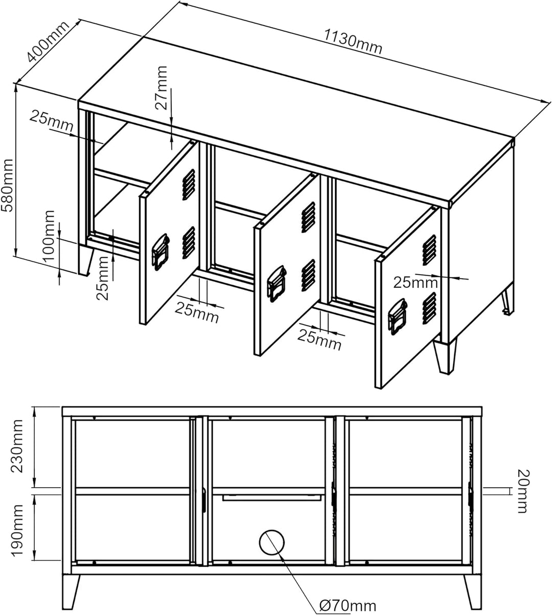 [en.casa] Fernsehschrank Kotka Metall 58 x 113 x 40 cm Fernsehtisch Fernsehregal TV-Schrank mit 3 Sc