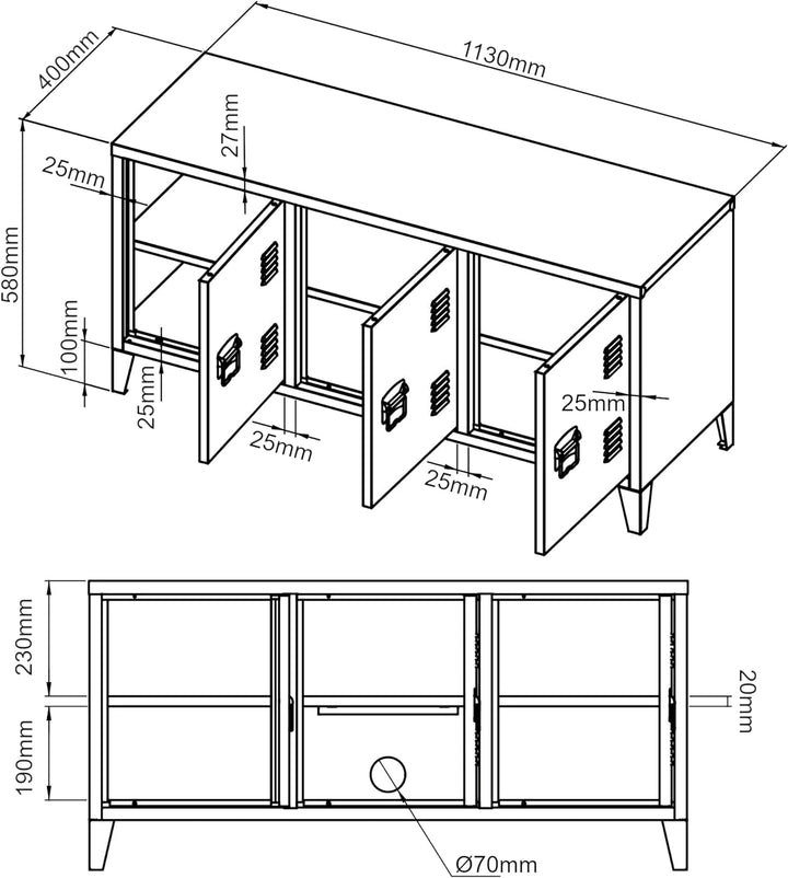 [en.casa] Fernsehschrank Kotka Metall 58 x 113 x 40 cm Fernsehtisch Fernsehregal TV-Schrank mit 3 Sc