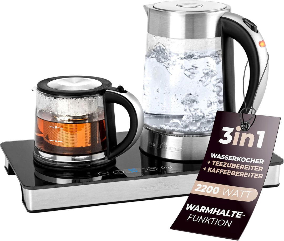ProfiCook® Tee und Kaffeestation in Einem | 1,7 Liter hitzebeständiger Wasserkocher | Teekanne aus G