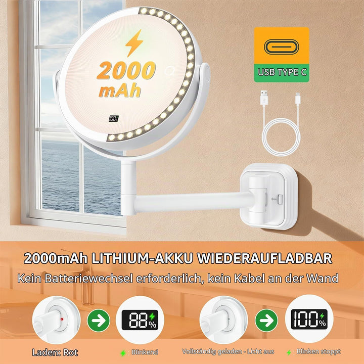 Auxmir Kosmetikspiegel ohne Bohren mit 1X/30X Vergrösserung, LED Beleuchtung Dimmbarer Schminkspiege