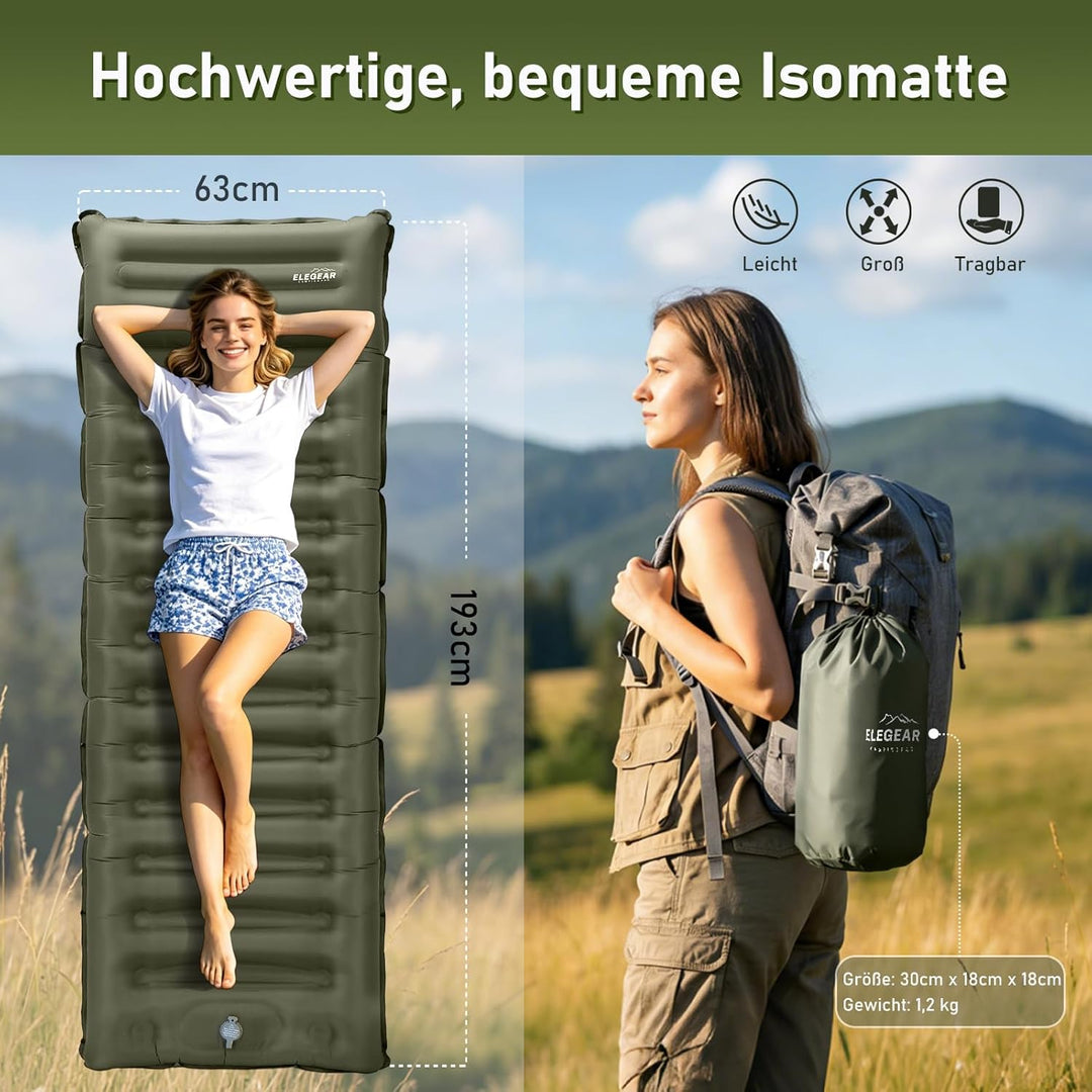 Elegear Isomatte Camping, 14CM Verdicktes Aufblasbare Luftmatratze mit Fusspumpe, Strapazierfähiges