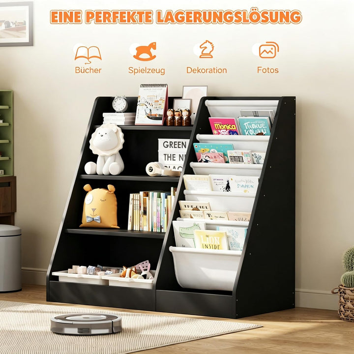 KEEPREAPER Kinderregal Bücherregal für Kinder, 90x40x80cm, mit 5 Ablage und 4 offenen Fächern, aus H