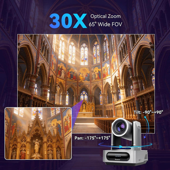 Tenveo PTZ-Kamera mit NDI, AI-Auto-Tracking, 30-Fach optischem Zoom, 3G-SDI, USB 3.0, HDMI, LAN, PoE