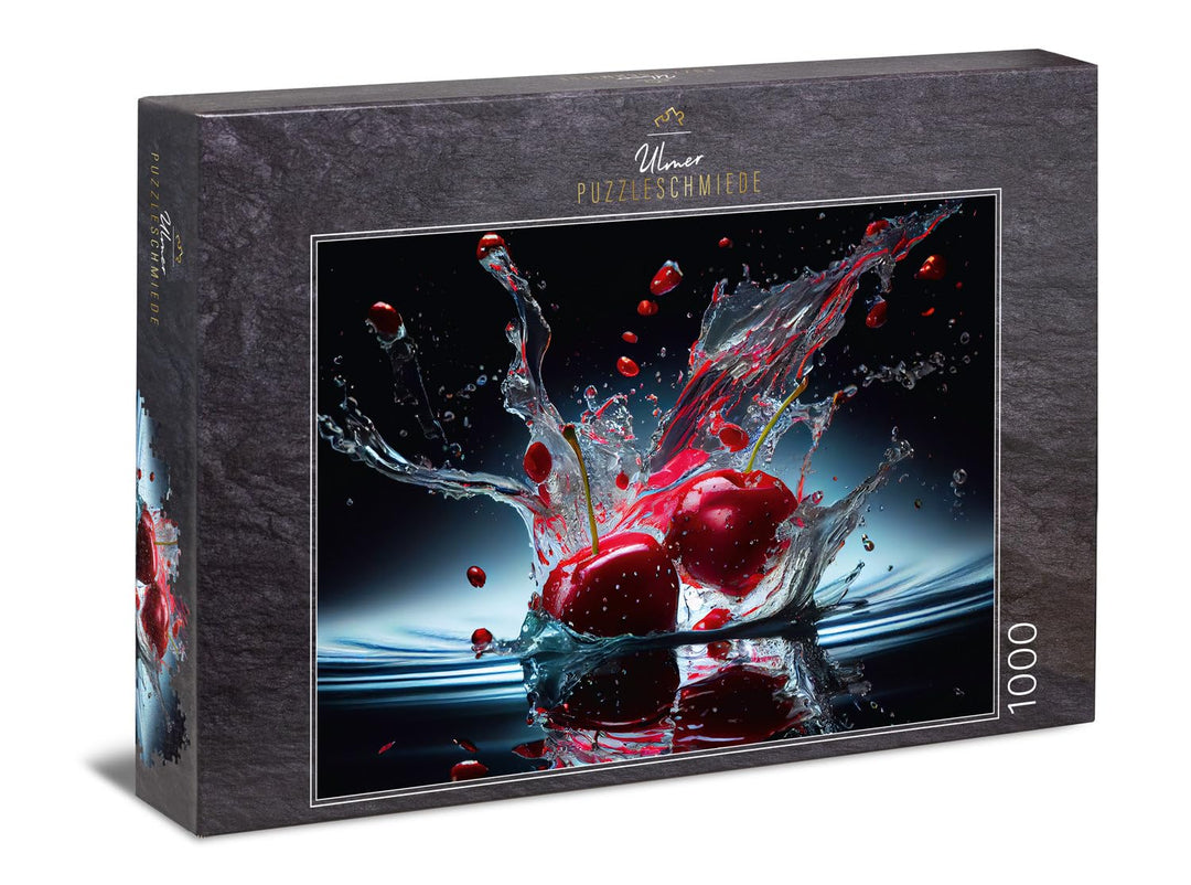 Ulmer Puzzleschmiede - 1000 Teile Fotopuzzle „Cherry Splash“ - Profi-Fotografie mit Splash Shot der