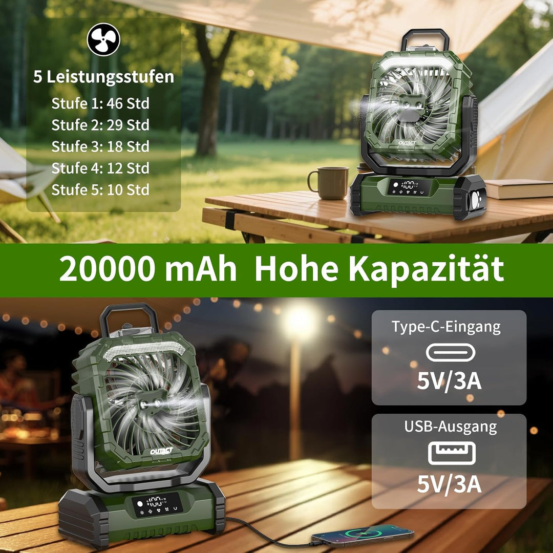 Camping Ventilator 20000mAh, Wiederaufladbarer Tischventilator USB Ventilator mit LED Licht & Haken,