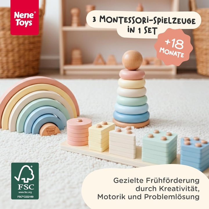Nene Toys Montessori Holzspielzeug ab 1 Jahr – FSC 3-in-1 Regenbogen, Stapelturm &amp; Sortier-Steckspie
