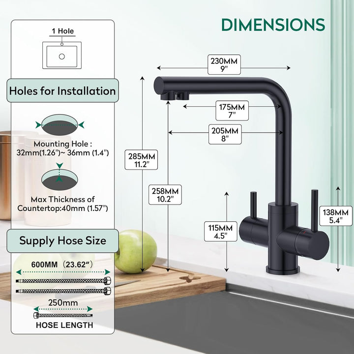 CREA 3 Wege Wasserhahn Küche Schwarz, 360° Drehbar Küchenarmatur, 3 in 1 Mischbatterie Küche für Was