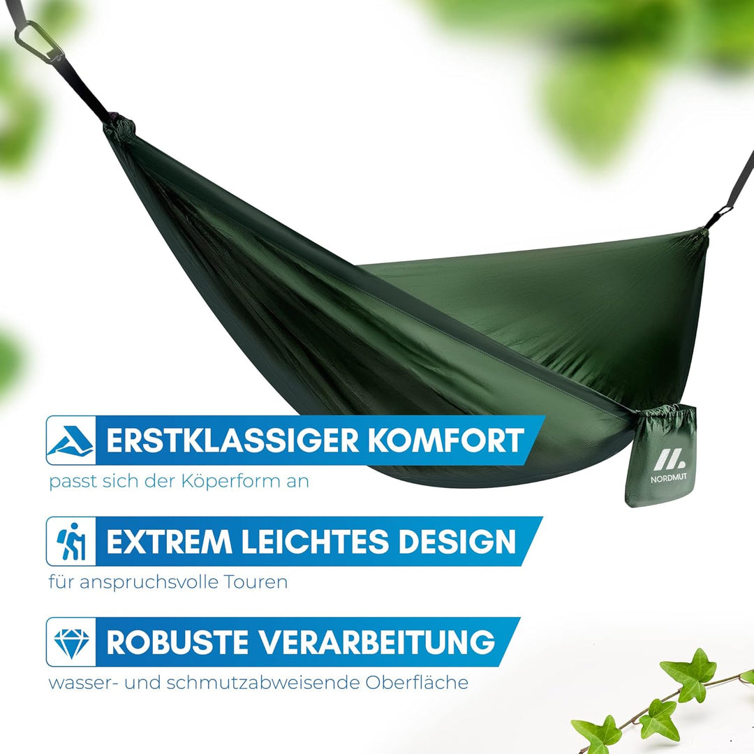 NORDMUT® Ultraleichte Hängematte Outdoor [mit Befestigungs-Set] Camping Hängematte inkl. Baumschutz-