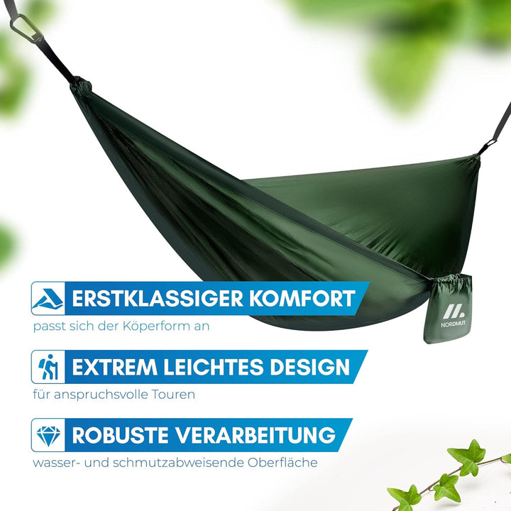NORDMUT® Ultraleichte Hängematte Outdoor [mit Befestigungs-Set] Camping Hängematte inkl. Baumschutz-