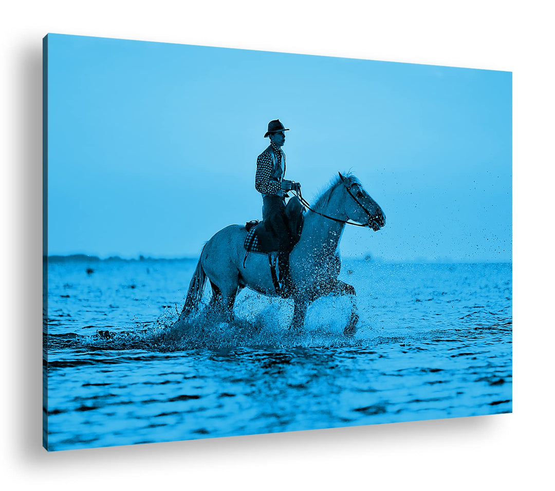 Cowboy reitet auf dem Wasser Format 80x60 Effekt: Monocrome Blau als Leinwandbild, Motiv fertig gera