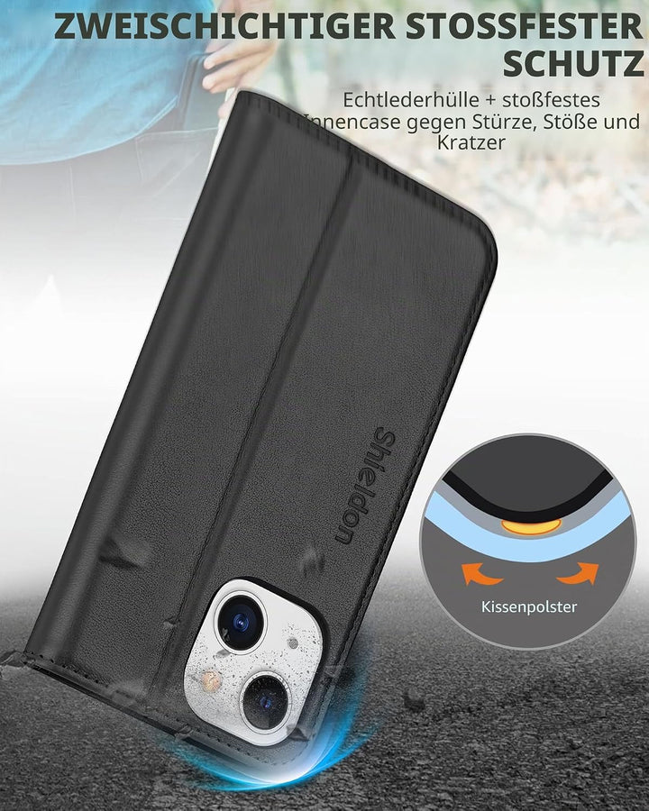 SHIELDON Hülle für iPhone 13 Mini Handyhülle [Erstklassiges Echtleder] [Schützt vor Stoss] [Kartenfa