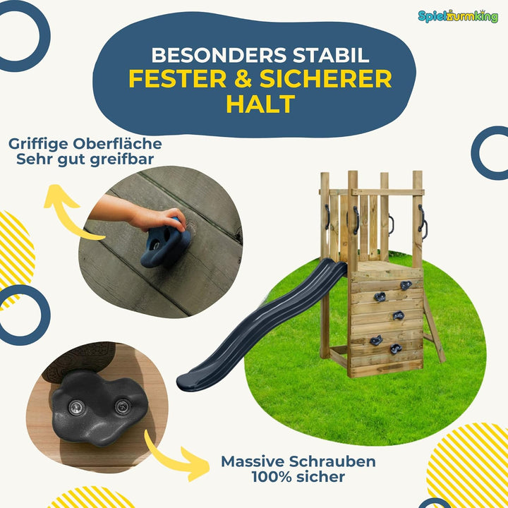 Klettergriffe Kinder Set: 5 Klettersteine Kinder in Grau, 2 Haltegriffe, Kletterwand Zubehör - Klett
