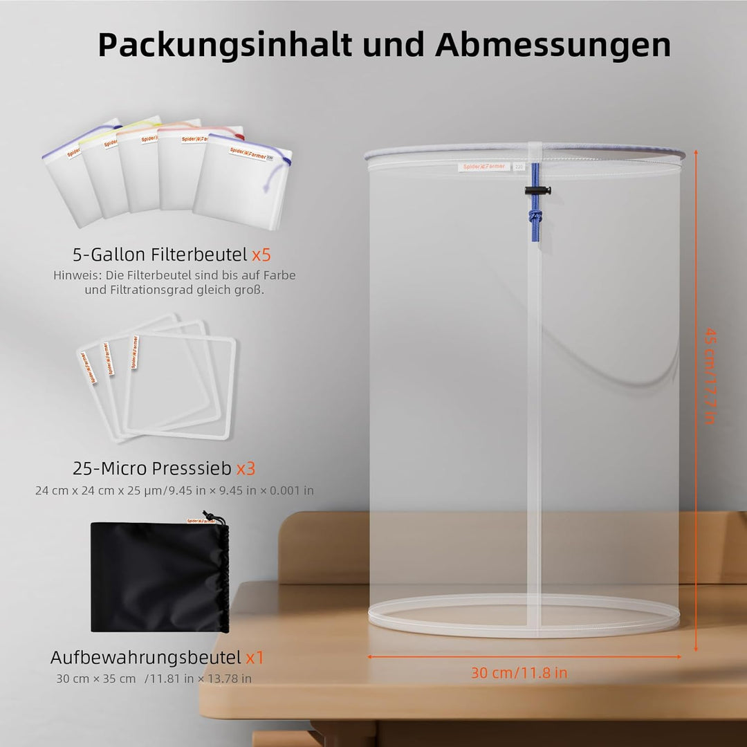 Spider Farmer 5 Gallonen All Mesh Bubble Bag Set mit Presssieb und Aufbewahrungstasche,Filterbeutel