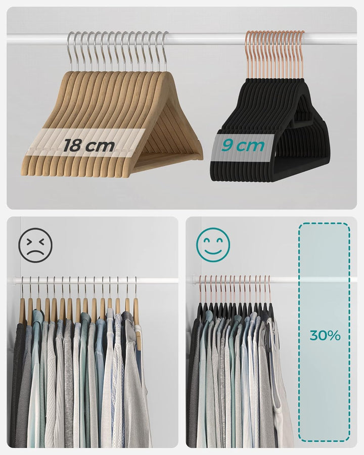 SONGMICS Kleiderbügel Samt, 30er Set, Bügel, rutschfest, kleine Stange für Krawatten, 360° drehbarer