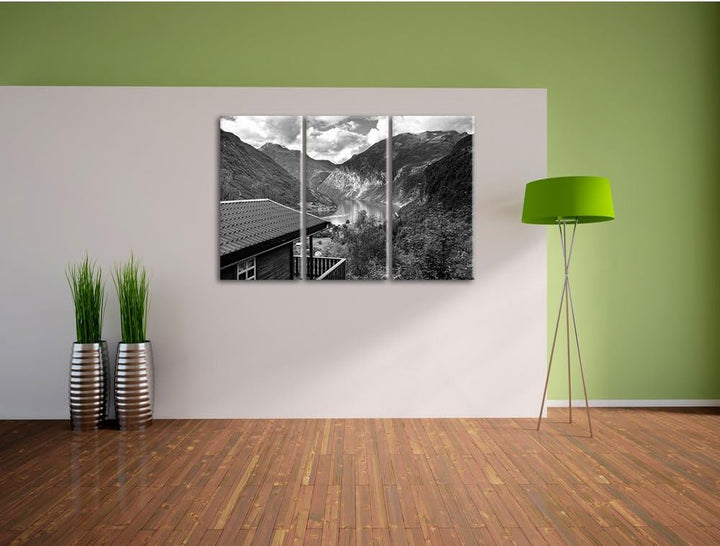 Pixxprint Hütte in Umgebung als Leinwandbild | Grösse: 3 Teilig (120x80) | Wandbild| Kunstdruck | fe