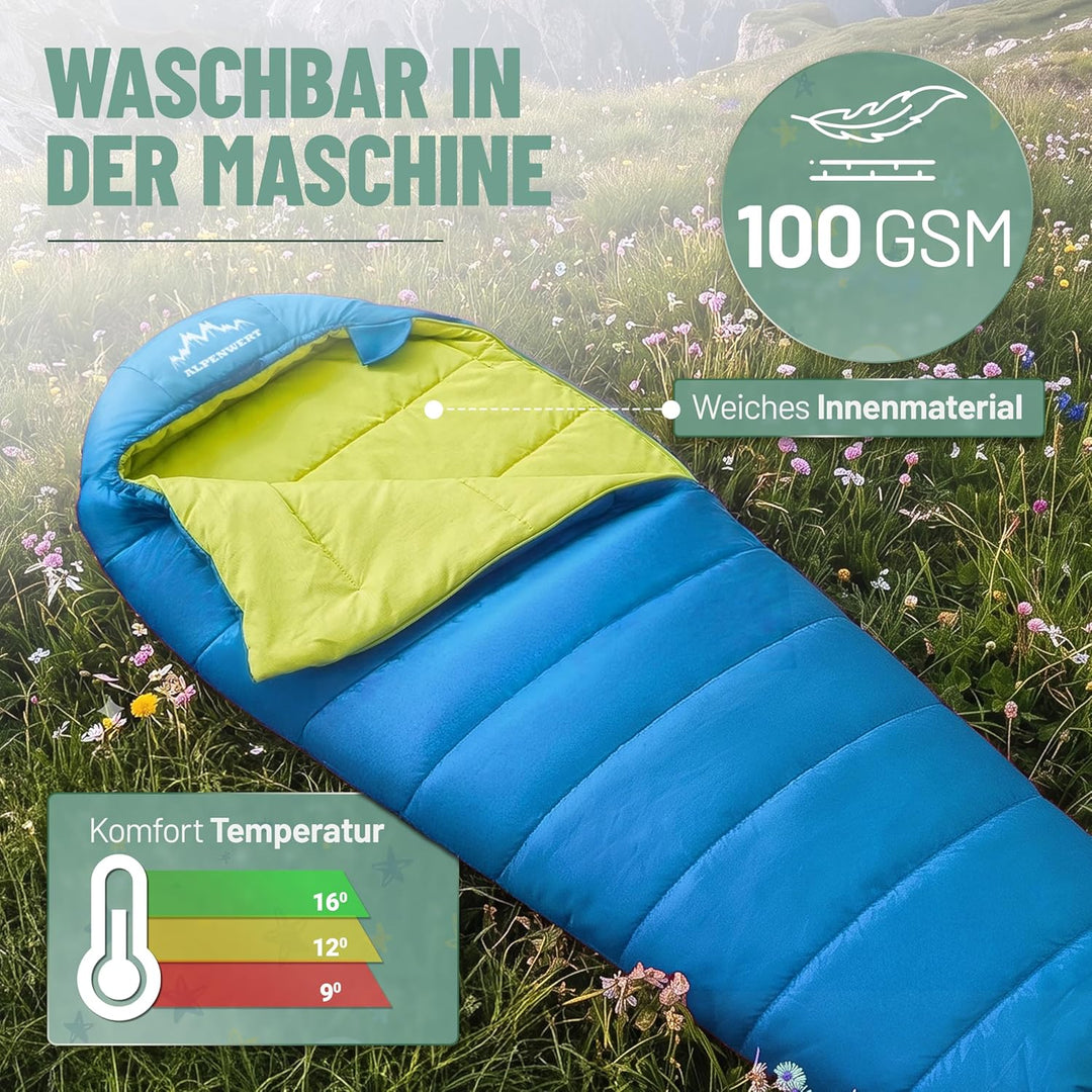 ALPENWERT® Kinderschlafsack Sommer – wächst mit! [130–170cm] – Nur 920g, Kompakt [32×19cm] – Perfekt