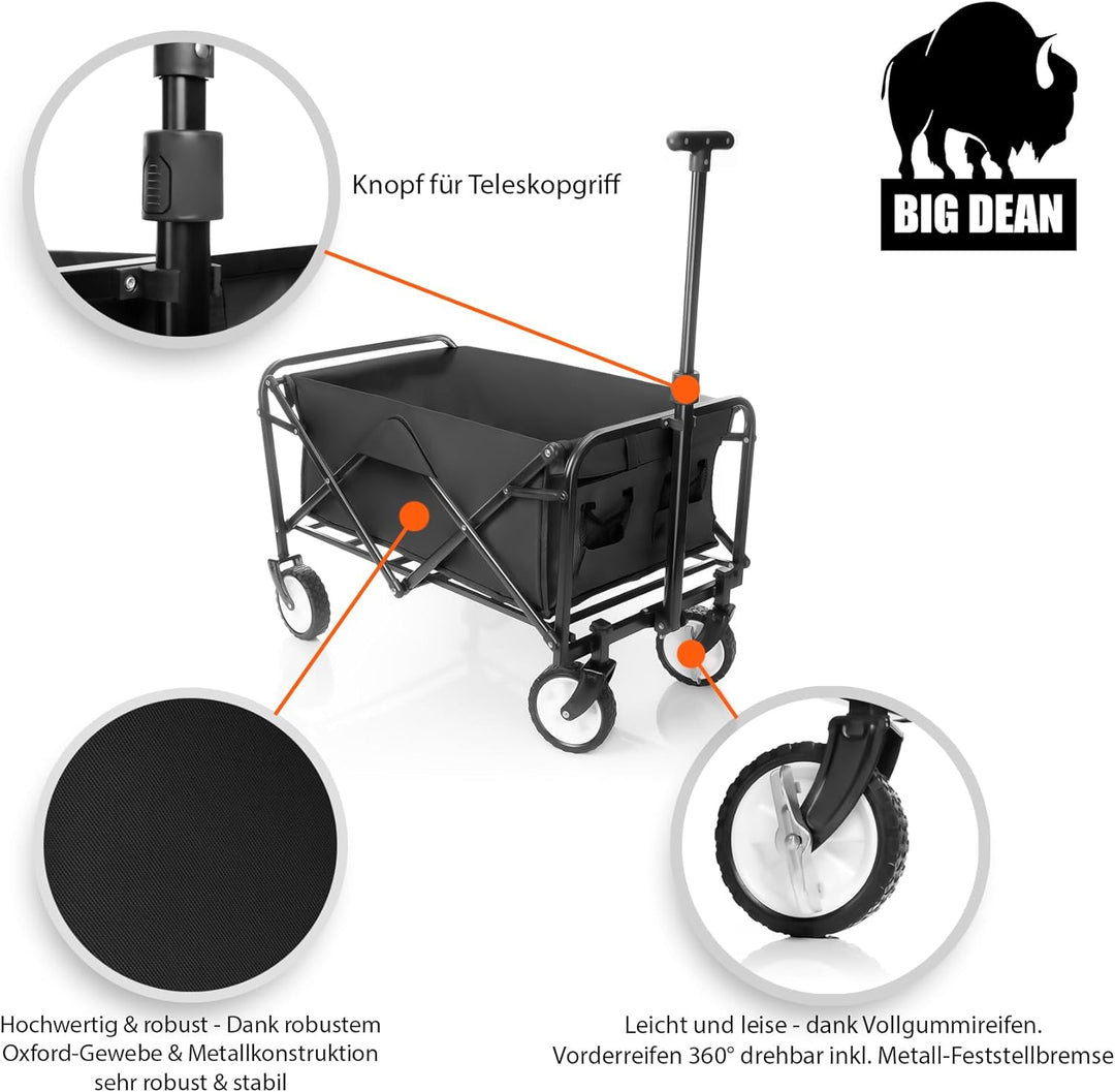 BigDean kompakter Bollerwagen faltbar schwarz bis 80kg belastbar – Kleiner Bollerwagen platzsparend