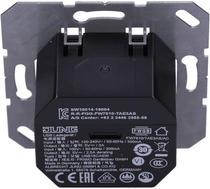 Jung USB-Ladegerät 15CASW mit 2 USB-Buchsen Ports: 1× USB Typ A, 1 ×Typ C (max. 3A) Schwarz, Schwarz