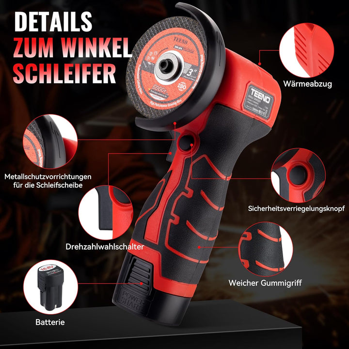 Winkelschleifer TEENO 19.500 U/min – kabellose Schleifmaschine, 76 mm, Komplettset mit 2 Akkus 2000