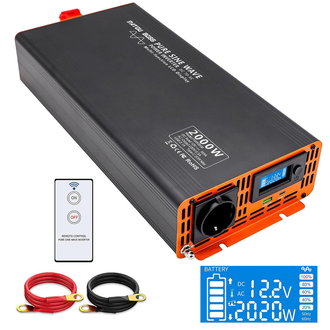 DATOUBOSS 2000W Reiner Sinus Wechselrichter 12V auf 230V (4000W Peak), Spannungswandler mit Funkfern