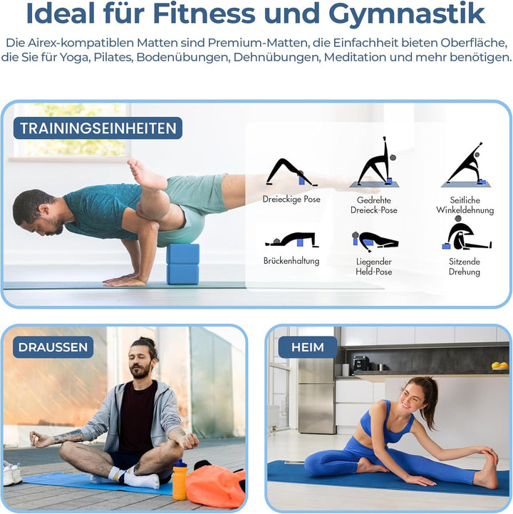 Habib Yogamatte Set mit Yogablöcken – Rutschfeste gepolsterte Fitnessmatte inkl. Tragetasche mit Sch
