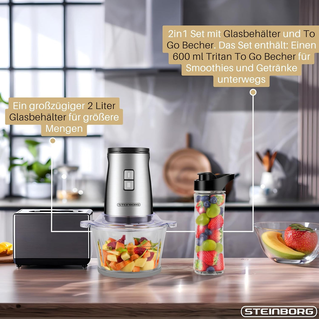 Steinborg® Zerkleinerer 2in1 Standmixer Smoothie Maker To Go Becher, 500W Multizerkleinerer, 2L Glas