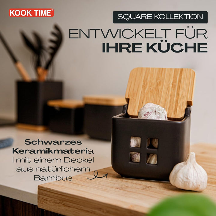 Kook Time Knoblauch Dose - Matt Schwarz Keramik Knoblauchtopf mit Bambusholz Deckel, Perfekte Knobla