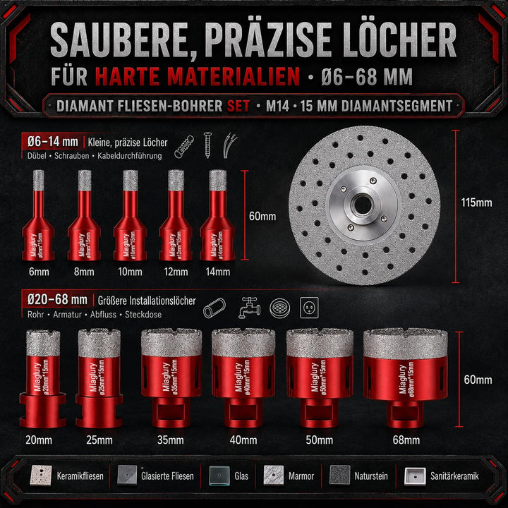 M14 Diamant Fliesenbohrer Set 15mm Segmenthöhe 13tlg, 13tlg