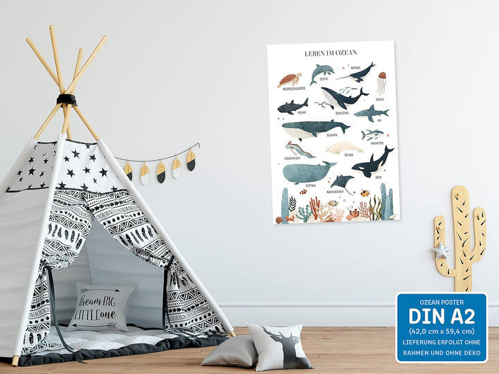 kizibi® Unterwasserwelt Lernposter für Kinderzimmer - Detailliertes DIN A2 Poster des Meeres & Ozean