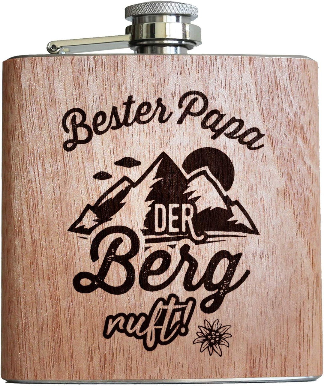 Der Berg ruft Holz Flachmann mit Gravur personalisiert mit Name Geschenk Männer Wandern Bergsteiger