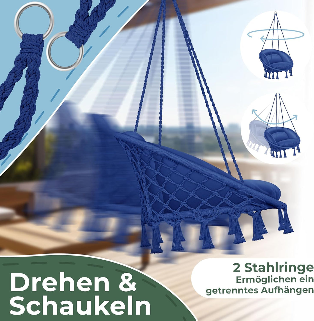 KESSER® Hängesessel 150kg mit 2 Stahlringe Sitzpolster geflochten Fransen Hängestuhl Hängekorb Schau
