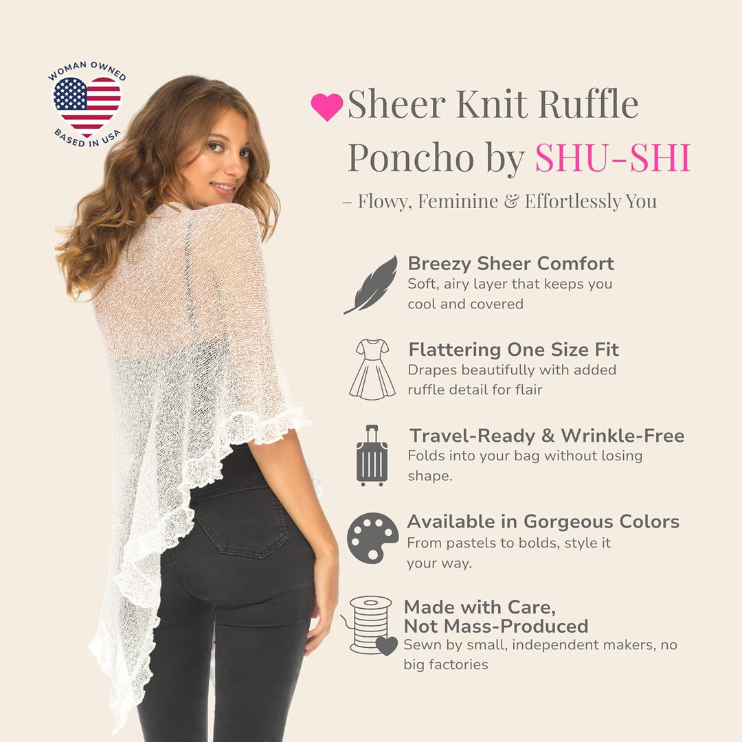 SHU-SHI - Damen Poncho-Top mit Rüschen - transparent - leichtes Strickmaterial Weiss, Weiss