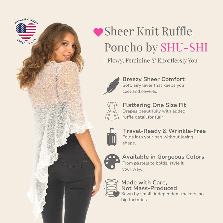 SHU-SHI - Damen Poncho-Top mit Rüschen - transparent - leichtes Strickmaterial Weiss, Weiss