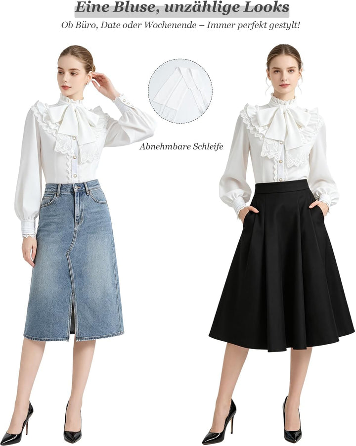 Fiamll Damen Viktorianisch Bluse Vintage Schleifenhemd Stehkragen mit Rüschen Langarmshirt Mittelalt
