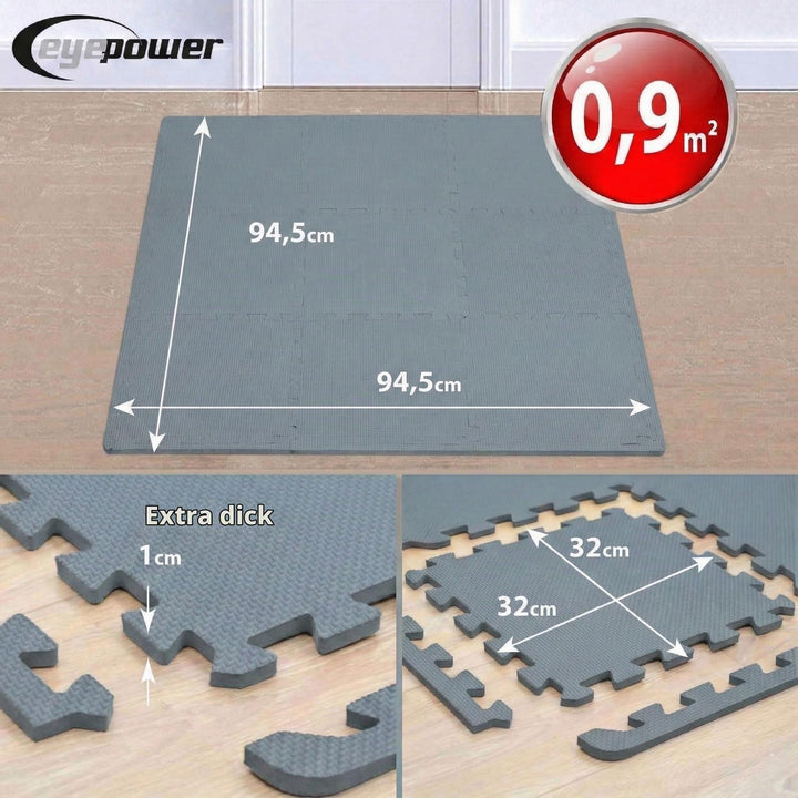 eyepower Bodenschutzmatte Fitness - 9 Puzzlematten 30x30 cm Grau 0,8qm - Homegym Fitnessmatte - Bode