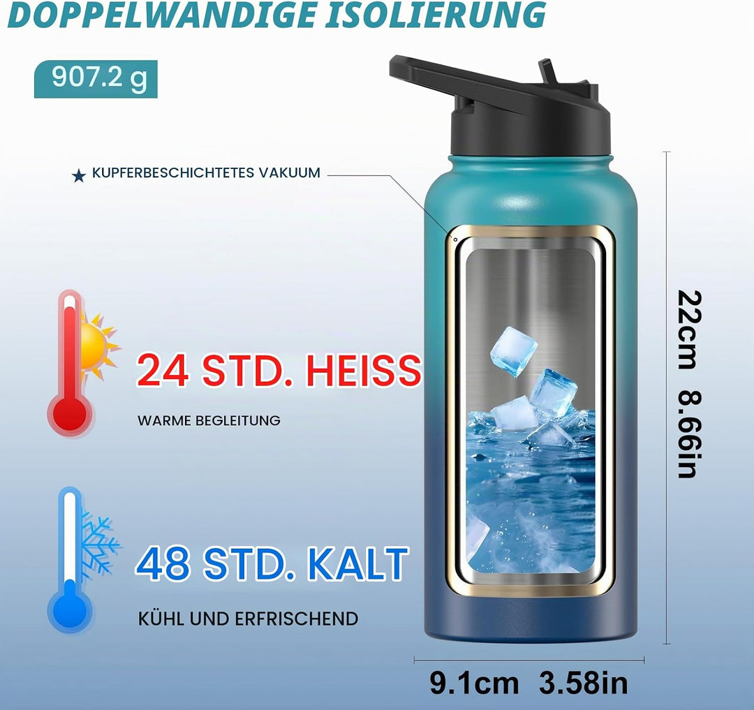 WATERSY Isolierte Edelstahl Trinkflasche 32oz Vakuumisolierte Thermosflasche mit 2 Deckel Auslaufsic