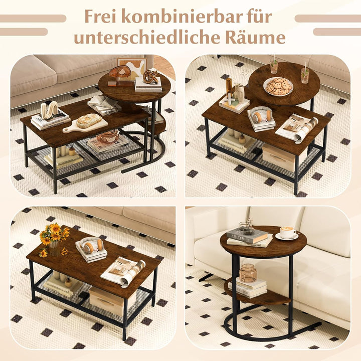 COSTWAY 2er Set Couchtisch, Beistelltisch Marmor Optik mit Metallrahmen & Ablage, Kaffeetisch Wohnzi