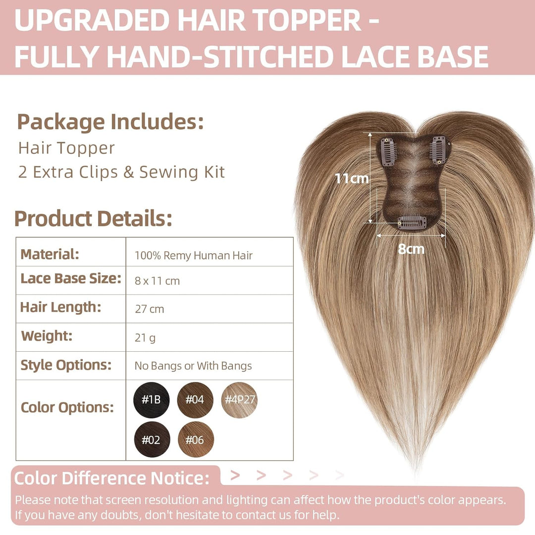Silk-co Hair Topper Echthaar 21g, 8x11cm handgebunden Basis Toupet Damen, Clip in Haarteile mit Spit