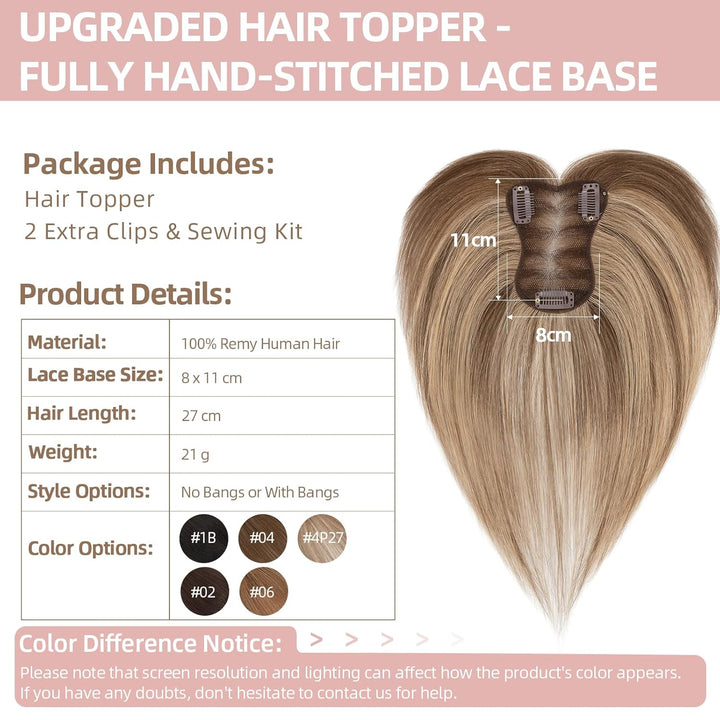 Silk-co Hair Topper Echthaar 21g, 8x11cm handgebunden Basis Toupet Damen, Clip in Haarteile mit Spit
