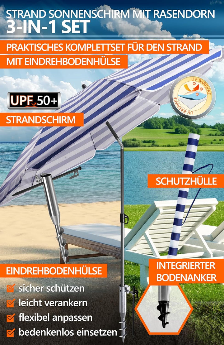 4smile Sonnenschirm Strand 3-IN-1-SET Ø 160 cm, Strandschirm Windfest Stabil mit Eindrehbodenhülse &amp;
