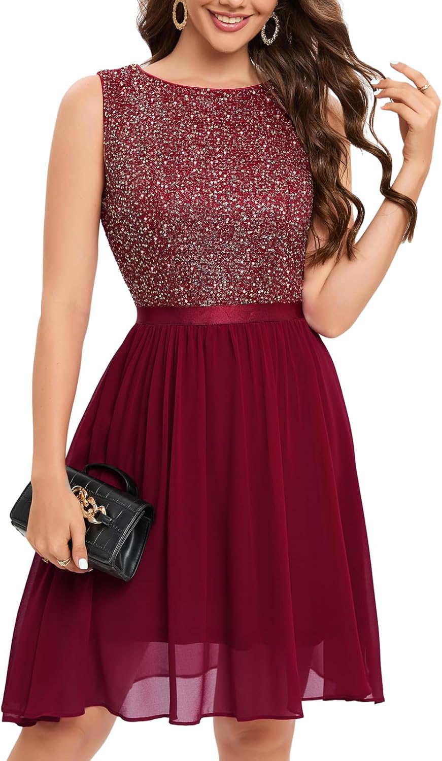 Bbonlinedress Glitzer Kleid Damen elegant Rundhals festliches jugendweihes Kleid mit Pailletten Cock