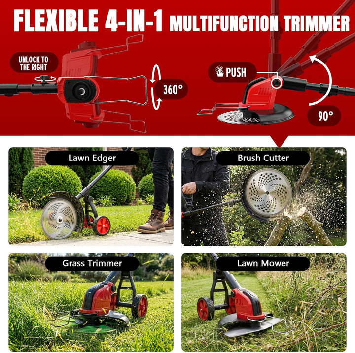 800W Akku Rasentrimmer mit Bürstenlosem Motor, 12 Zoll Schnittbreite, Abnehmbares Hilfsrad, 2 x 3,0