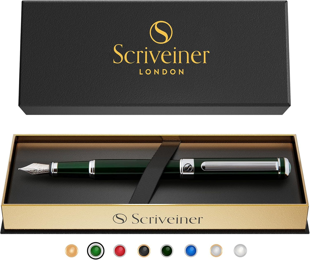 Scriveiner Füller - britisches Renngrün, Luxus Füllfederhalter, Chromausführung, feine Schmidtfeder,