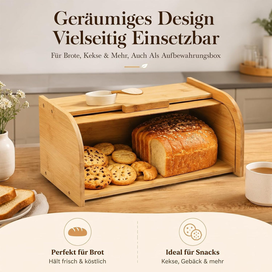 Grosser Brotkasten aus Naturholz, 41 x 27 x 13 cm – Traditioneller Brotkasten mit Rollverschluss – B