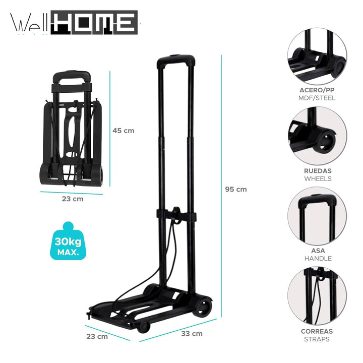 Well Home Support-Wagen aus Stahl und PP mit Riemen in schwarzer Farbe, 45 x 23 x 8 cm