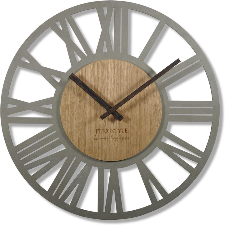 FLEXISTYLE Wanduhr gross Adulto 50cm Durchmesser LOFT Retro aus Holz Eiche ohne tickgeräusche Wohnzi
