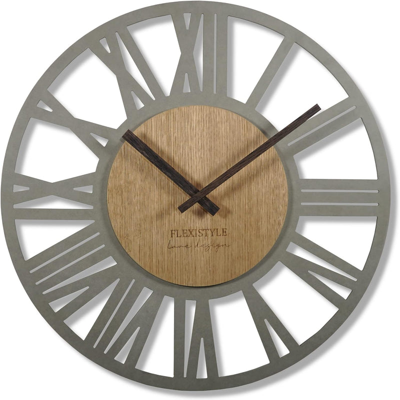 FLEXISTYLE Wanduhr gross Adulto 50cm Durchmesser LOFT Retro aus Holz Eiche ohne tickgeräusche Wohnzi